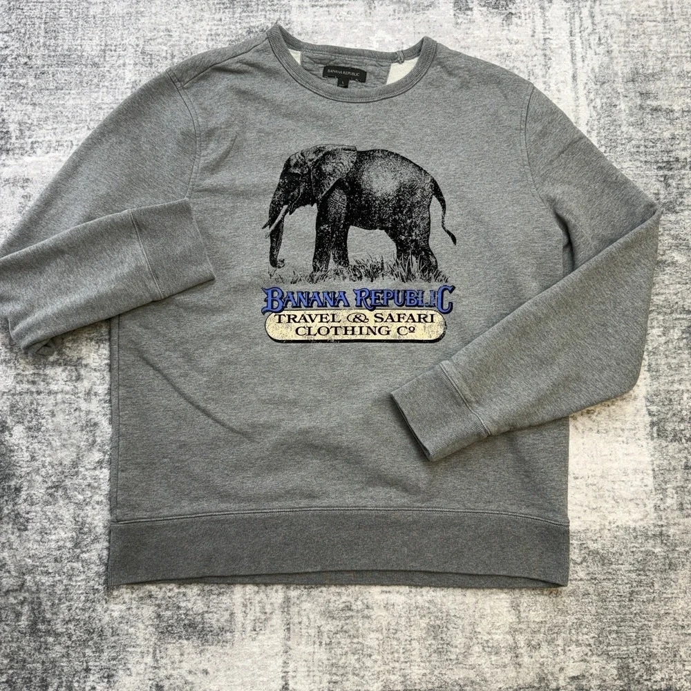 Banana Republic Sweatshirt Mens Large Gray Safari Elephant Heritage Terry Crew